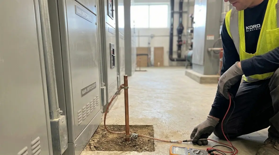 Technicians reviewing NEC grounding electrode system design for 2 kV installation
