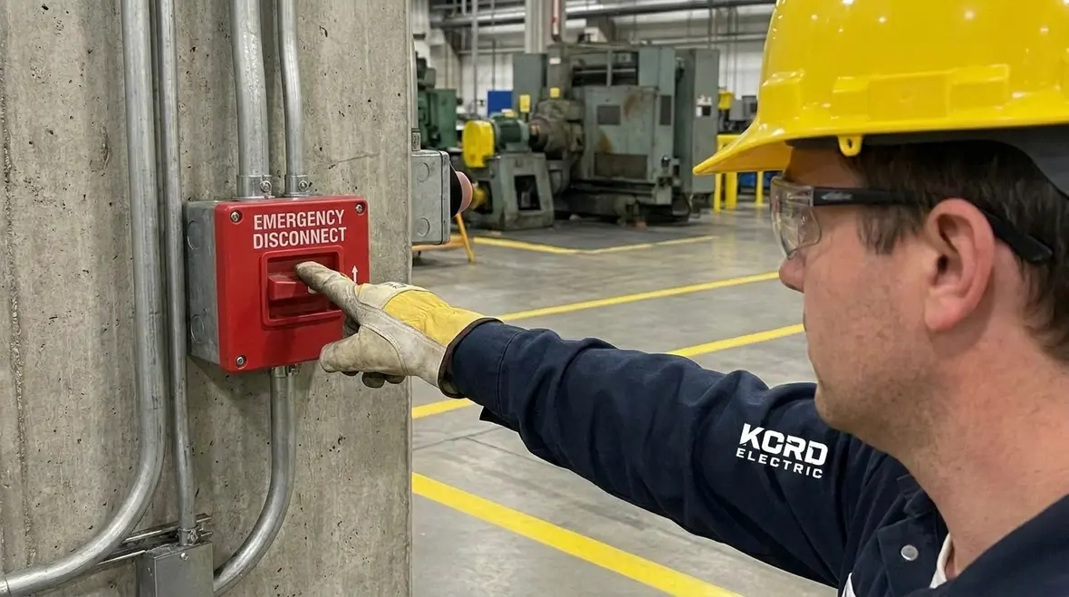 Industrial electrical room with clearly labeled emergency disconnects