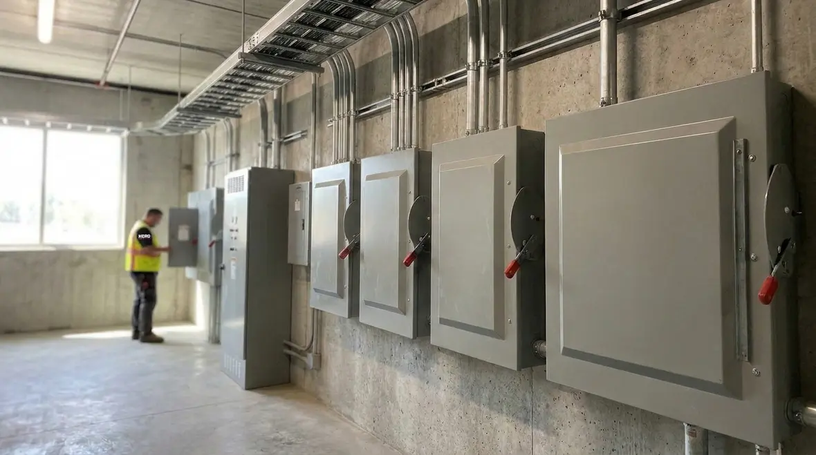 Grouped service disconnects installed with clear access and labeling