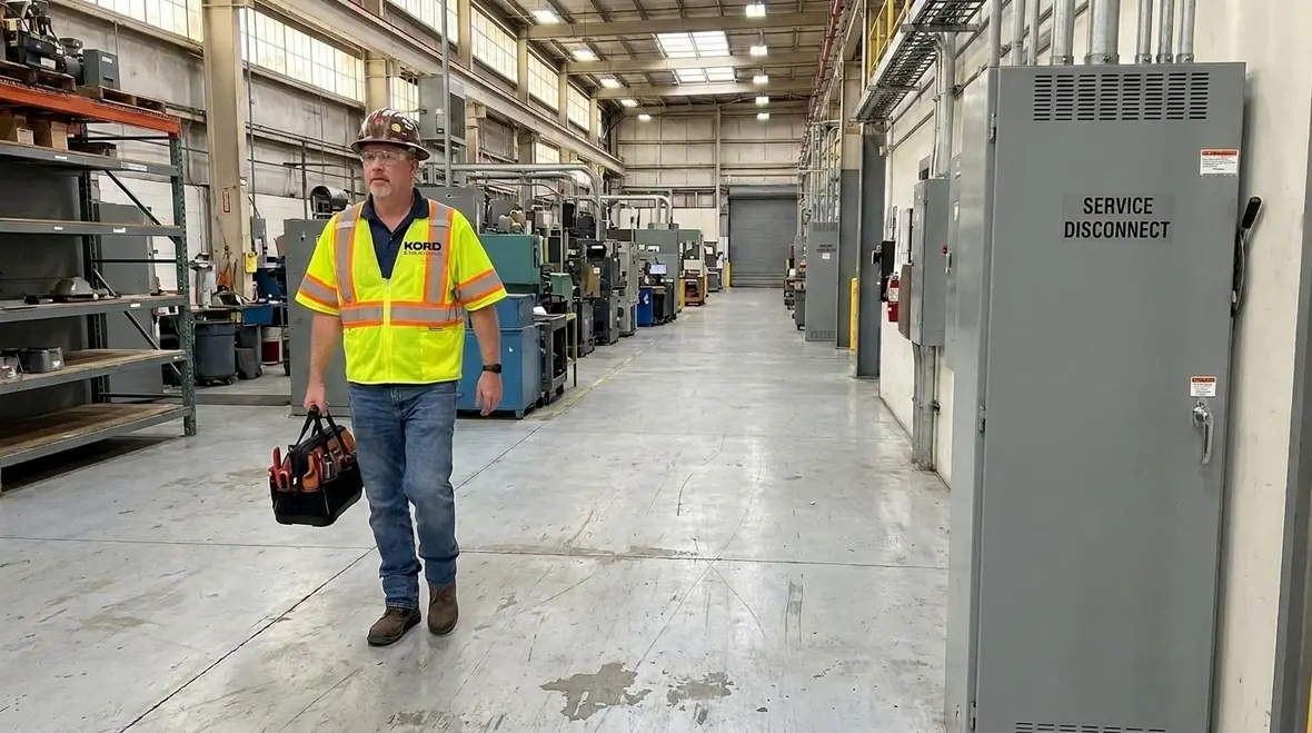 Electricians reviewing NEC grouping service disconnects one-line diagram
