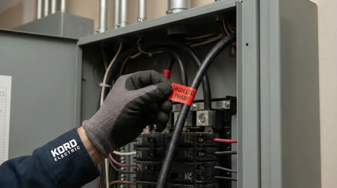 Commercial electrical panel marked to meet NEC high leg requirements