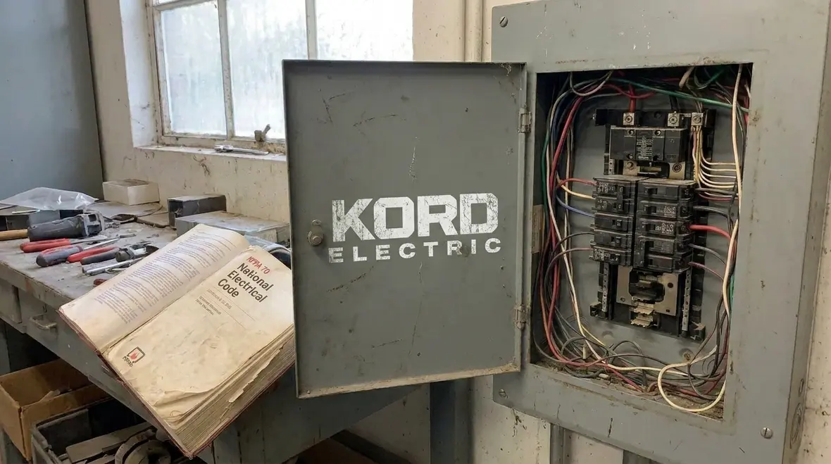 Technician verifying high leg voltage in a commercial electrical room
