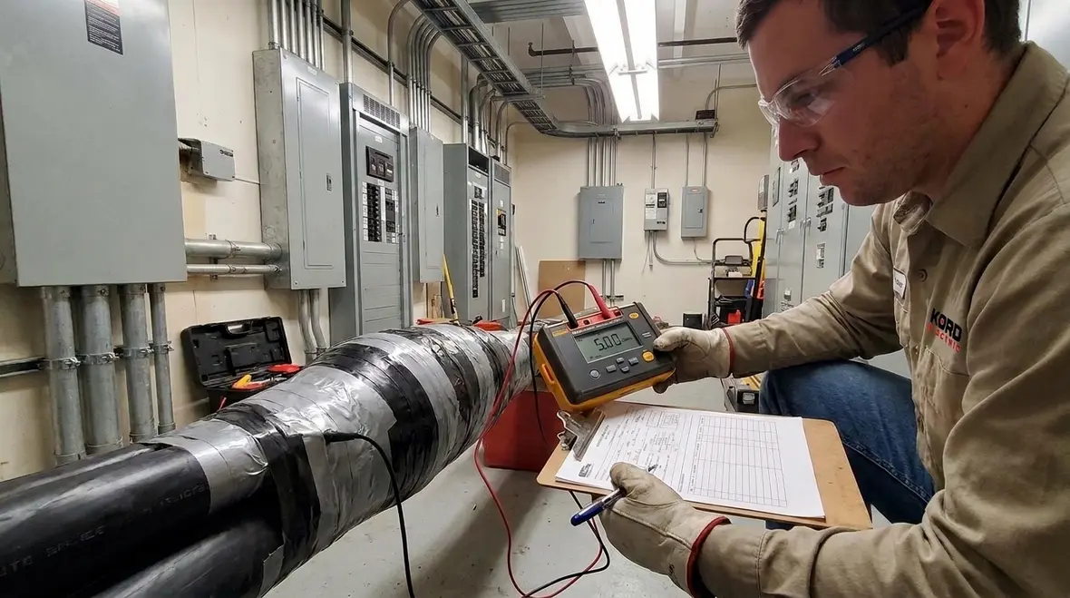 Close-up of NEC-compliant high voltage splice assembly in a commercial panel