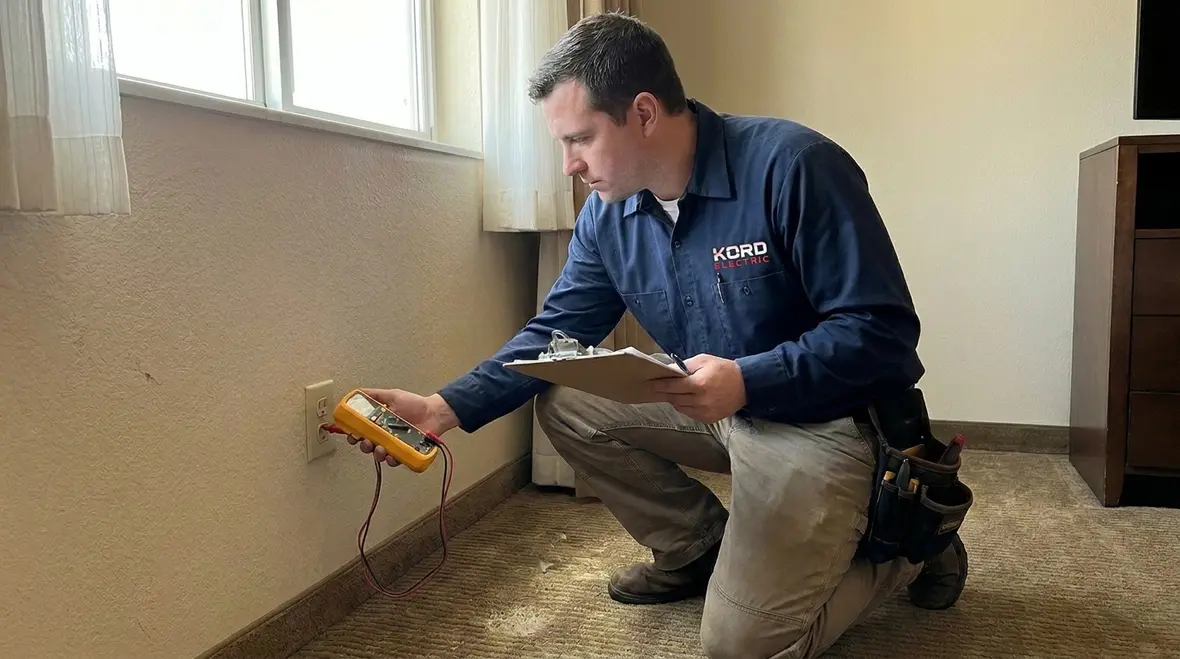 Kord Electric technicians testing hotel guest room receptacles
