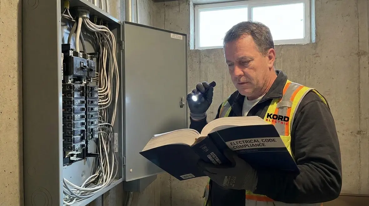 Electrician reviewing NEC white and gray insulation uses in a commercial panel