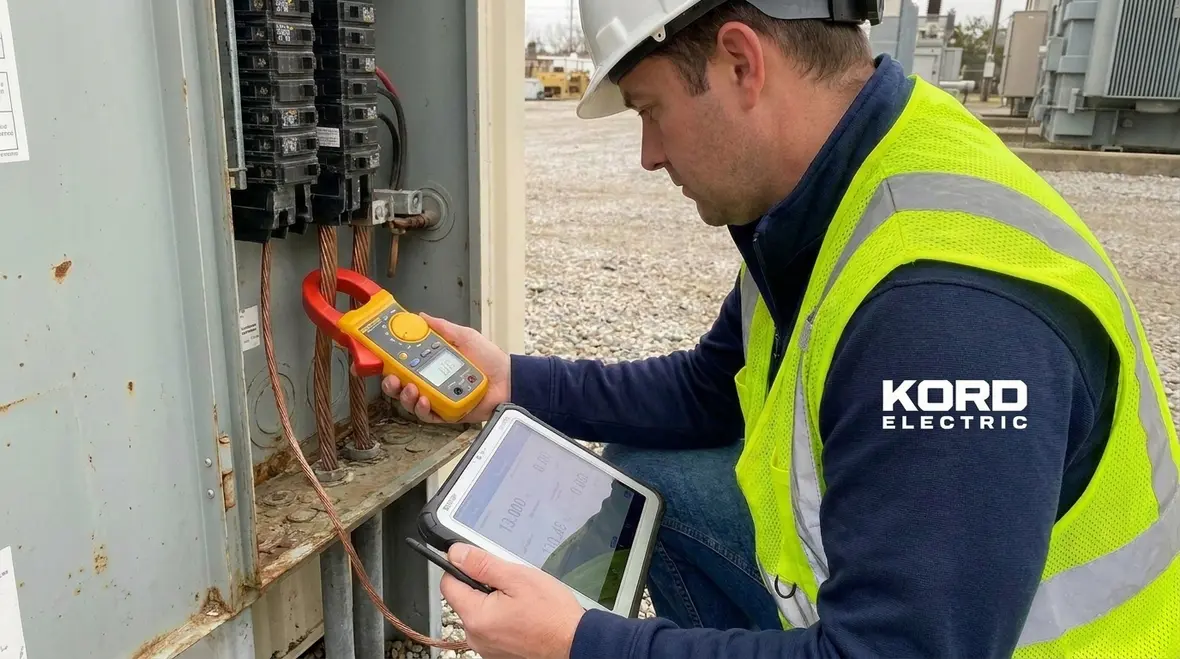Technicians testing and documenting NEC grounding electrode system performance