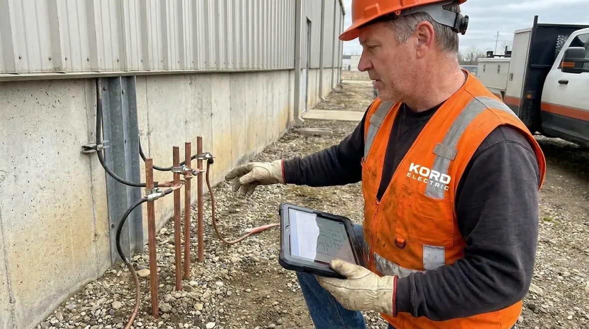Technician inspecting an NEC grounding electrode system at a commercial facility