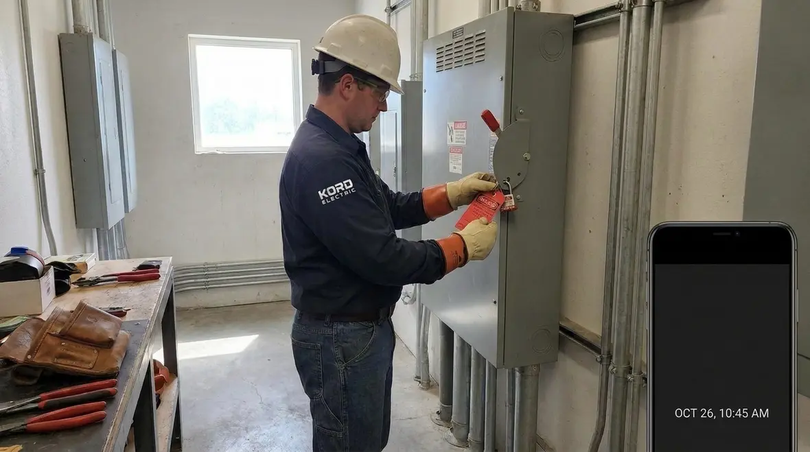 Technician reviewing high voltage service disconnecting means in a commercial facility