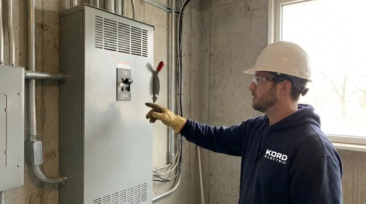 Electrician reviewing NEC indicating service disconnect labeling on a commercial service panel