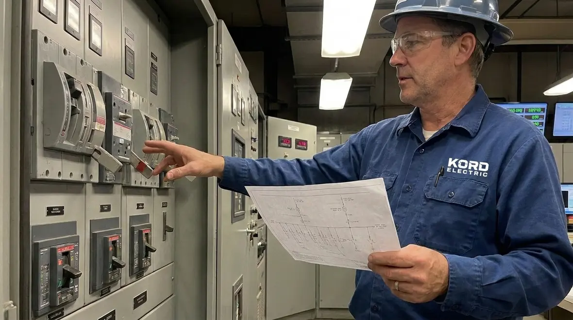 Facility operators reviewing service disconnect indication and single line diagrams together
