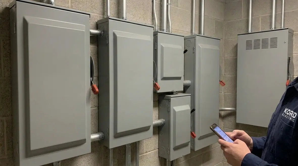 Labeled NEC service disconnects with clear on off indication in an equipment room