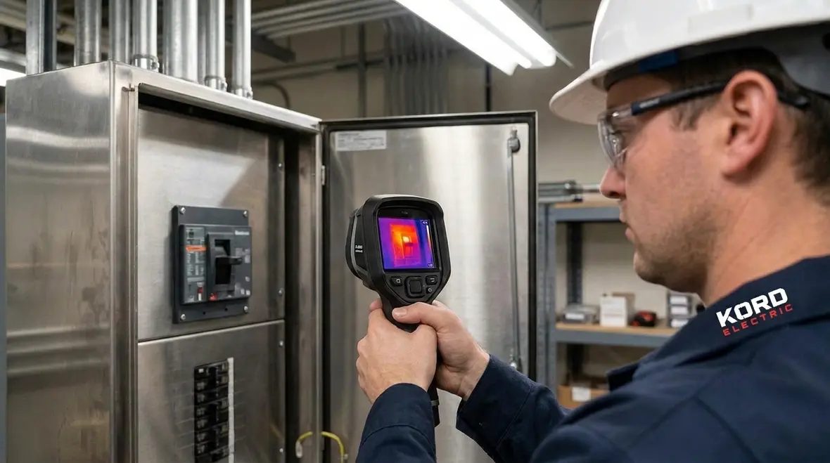Technician verifying conductors and overcurrent protection along an electrical circuit chain