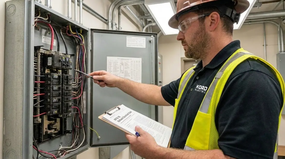 Electrician performing NEC inspections and tests requirements on commercial equipment