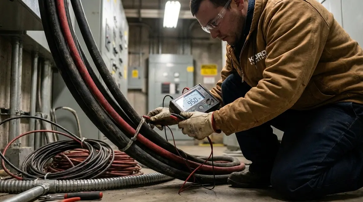 Detailed NEC inspection of terminations, grounding, and clearances in an electrical room