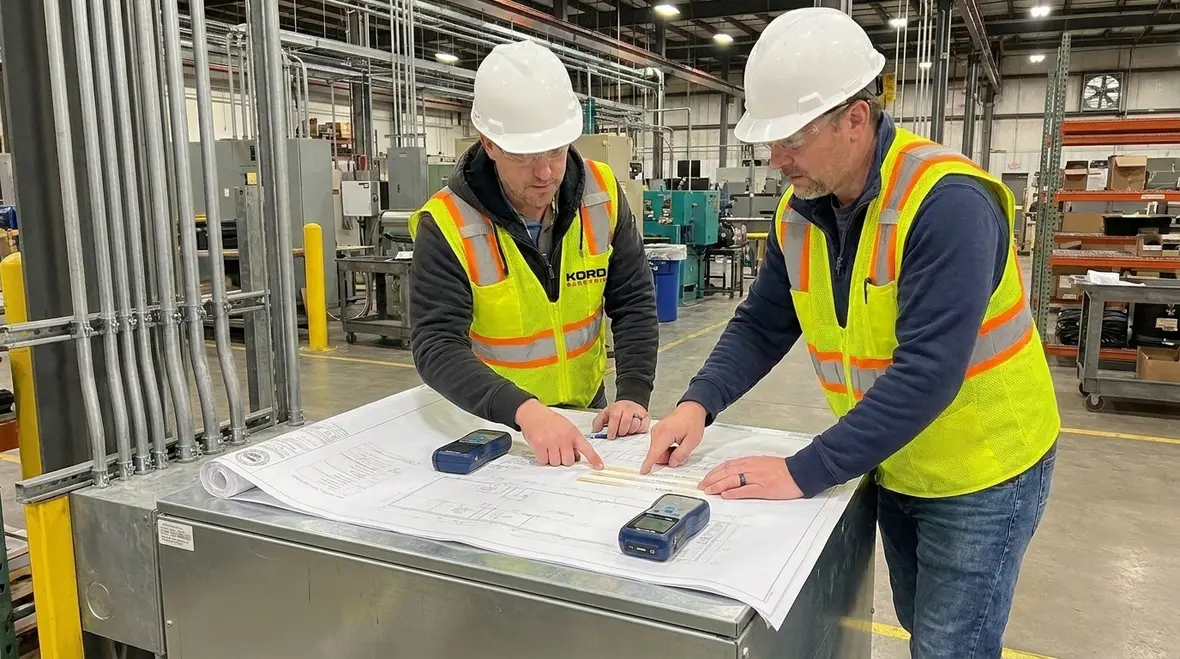 Technicians planning NEC-compliant installation enclosure types in a commercial facility