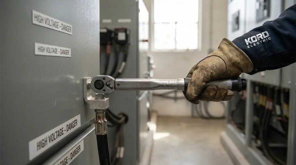 Technician verifying NEC high voltage instrument grounding for instrument cases above 1000 volts