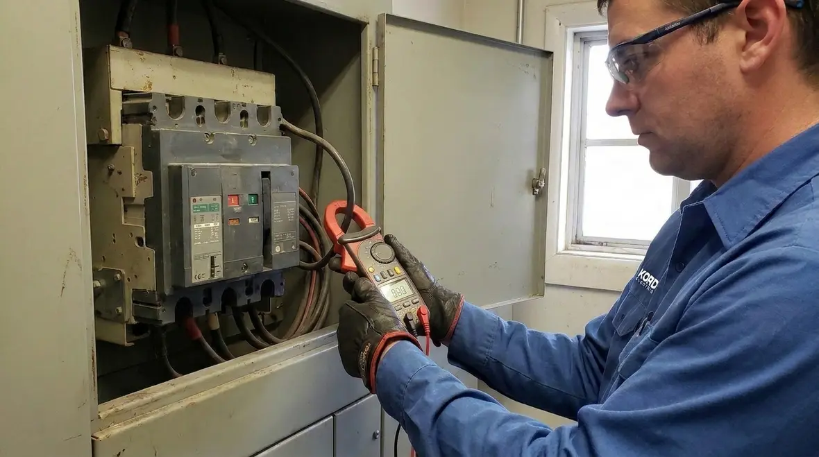 Technician reviewing NEC interrupting rating requirements explained on commercial switchgear