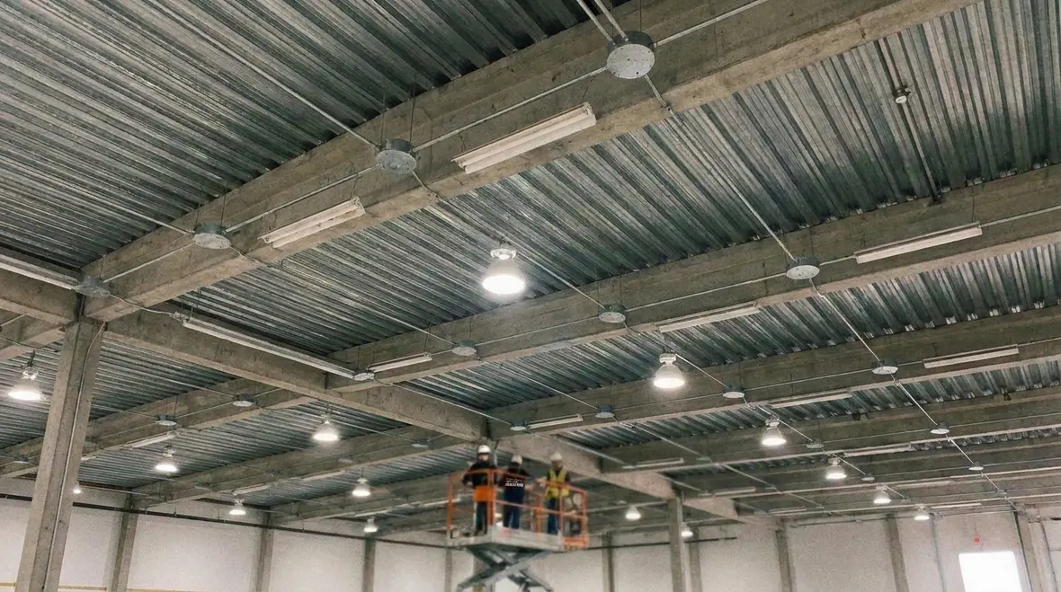 Electrician reviewing NEC lighting outlet requirements for commercial facility