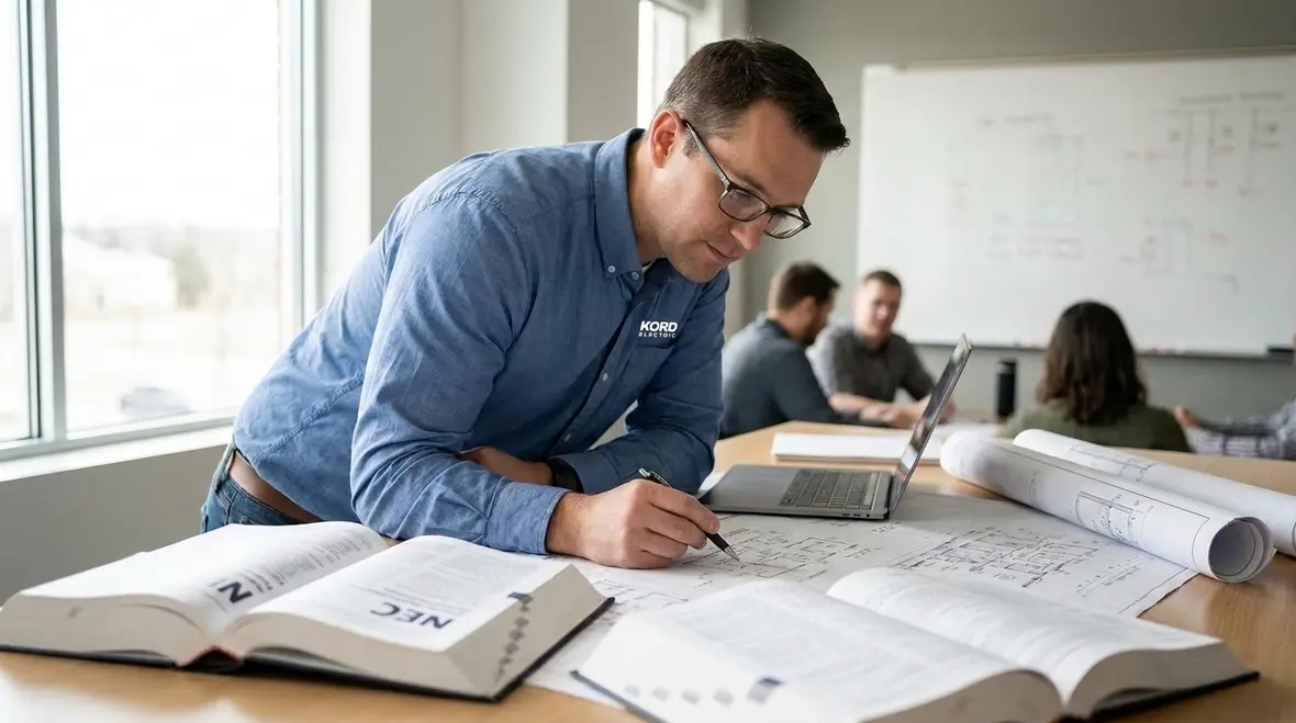 Electrician reviewing NEC load calculation sheets in a commercial facility