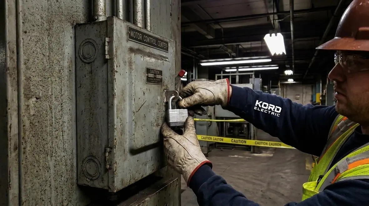 Team reviewing lockout tagout procedures at a disconnect