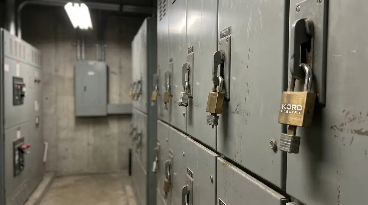 Technician documenting NEC 110.25 lockable disconnect compliance