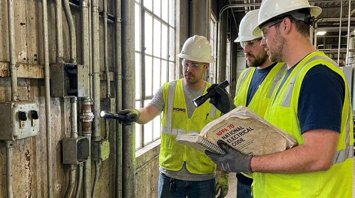 Technicians reviewing NEC Section 250.100 bonding in hazardous areas