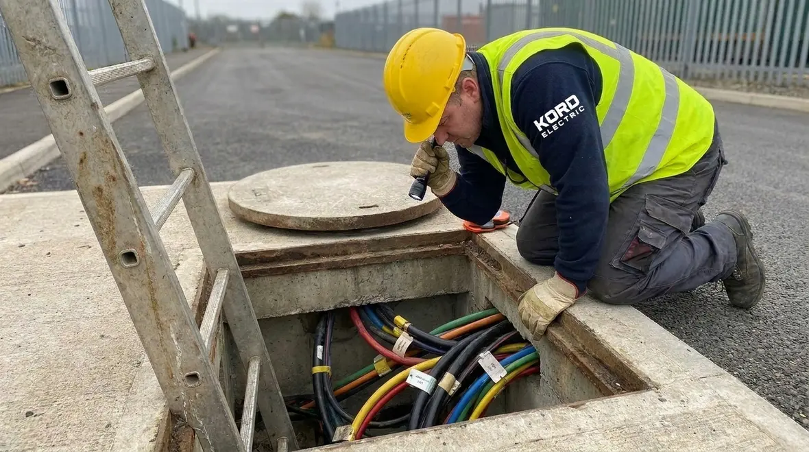 Electrician inspecting NEC manhole access requirements code clearances