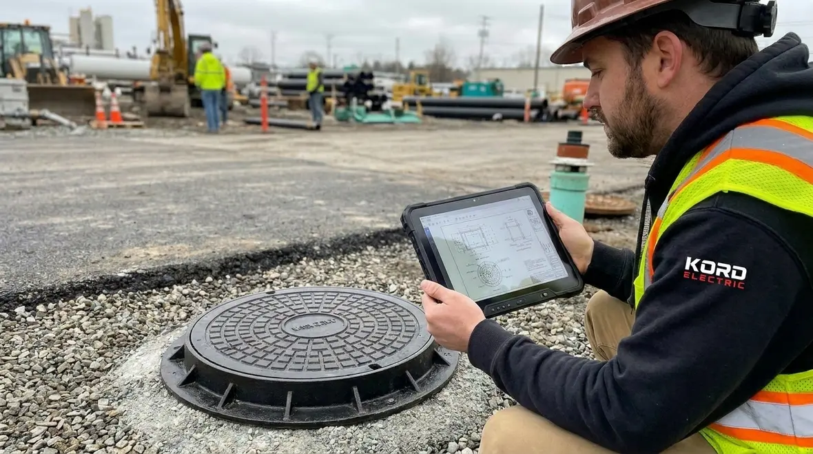 Field crew coordinating NEC manhole access requirements during installation