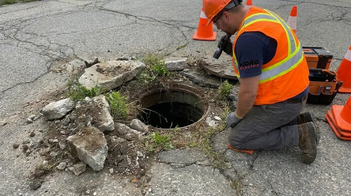 Technician reviewing existing manhole for NEC access compliance
