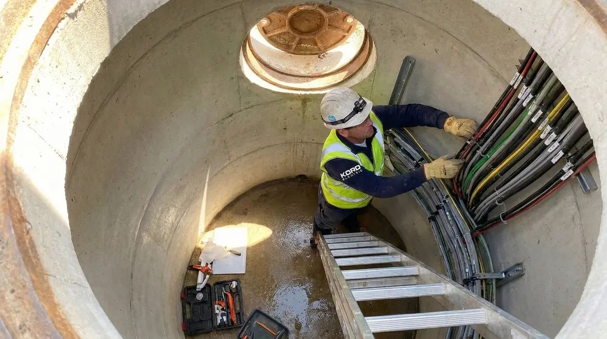 Underground electrical manhole with compliant access opening and ladder