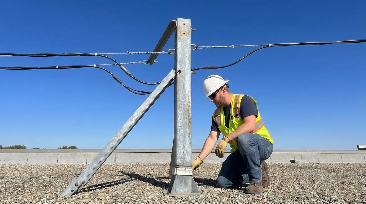 Overhead NEC mast installation used as a support for service conductors on a commercial building