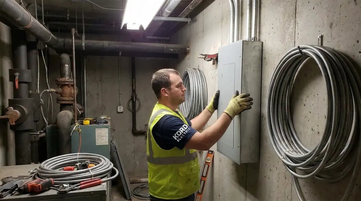 Electrician applying NEC mechanical execution workmanship code in a commercial panel