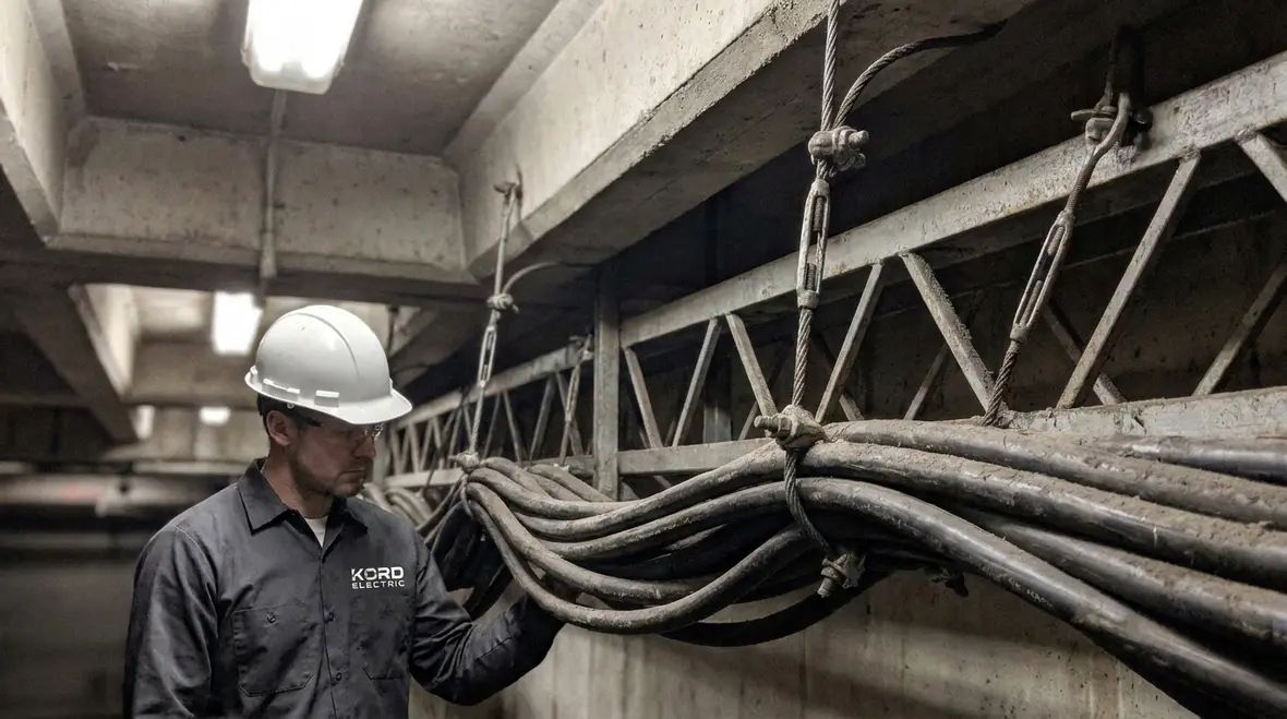 Technician reviewing NEC messenger supported conductor ampacity in a commercial facility