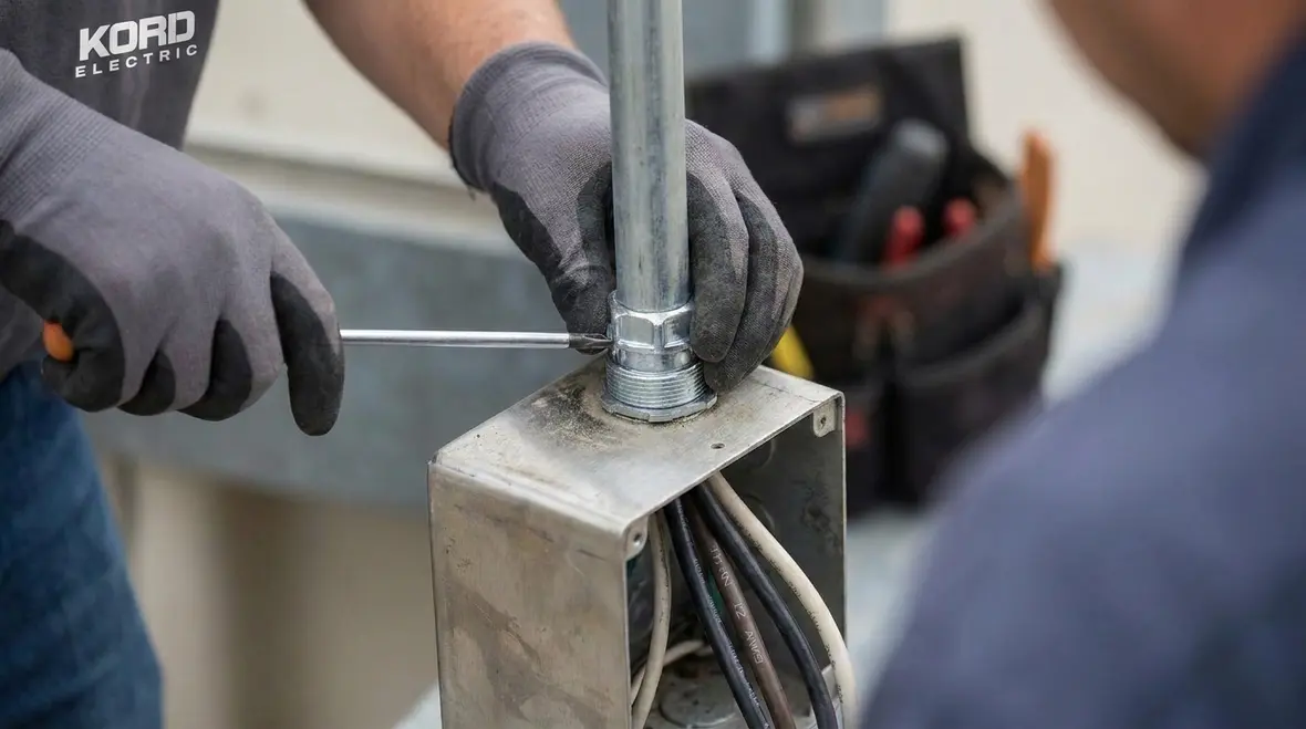 Technician coordinating NEC metal box installation with fire and life safety systems