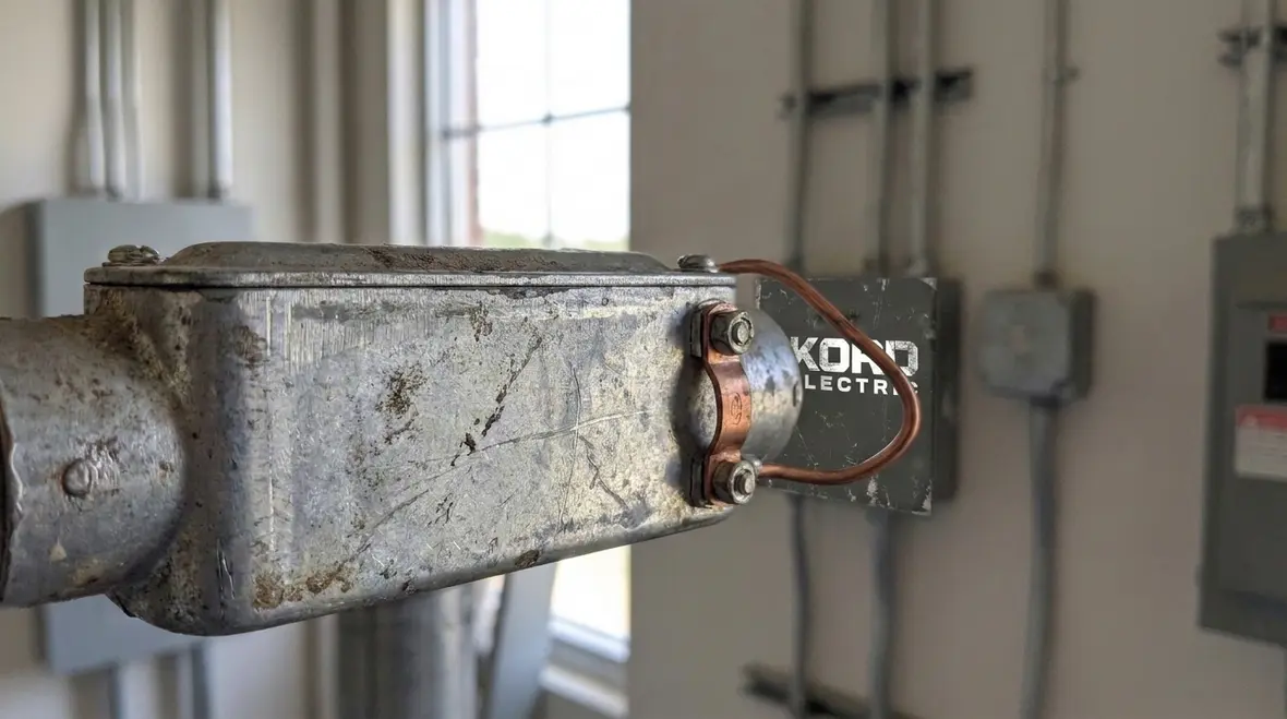 Technician accessing conductors through a metal conduit body in a commercial ceiling