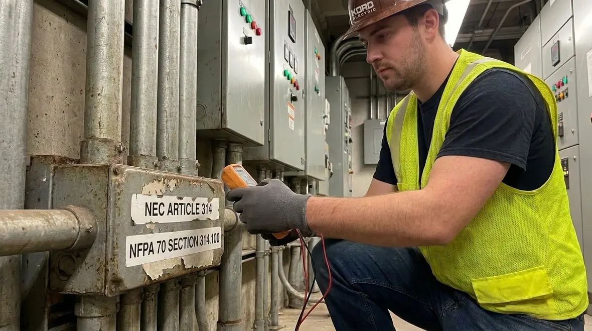 Electrician inspecting NEC metal conduit bodies in a commercial electrical room
