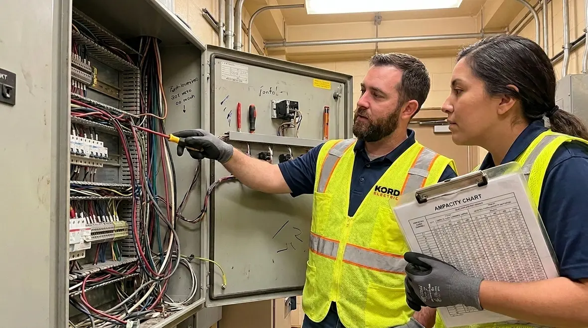 Kord Electric technicians verifying NEC minimum conductor sizes in the field
