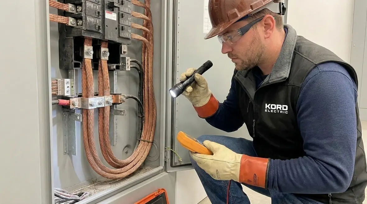Technician reviewing NEC minimum conductor sizes code for a commercial panel