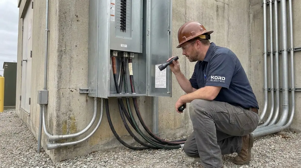 Technician reviewing NEC service entrance wiring methods at a commercial electrical service