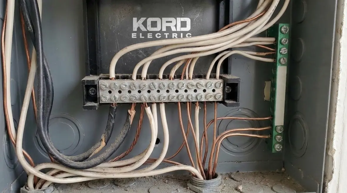 Grounding and neutral conductors separated according to NEC 270.142 in an electrical room