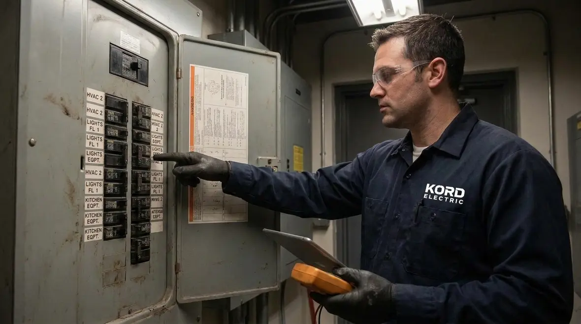 Technician inspecting neutral conductors in a commercial electrical panel