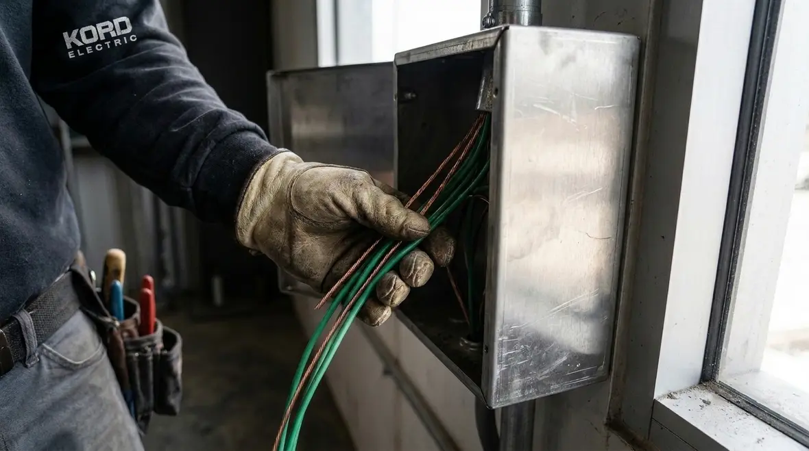 Technician reviewing NEC multiple circuit EGC connections inside a grounded commercial panel