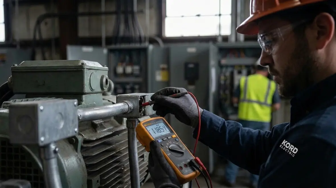 Technician inspecting NEC-compliant grounding in a commercial electrical panel