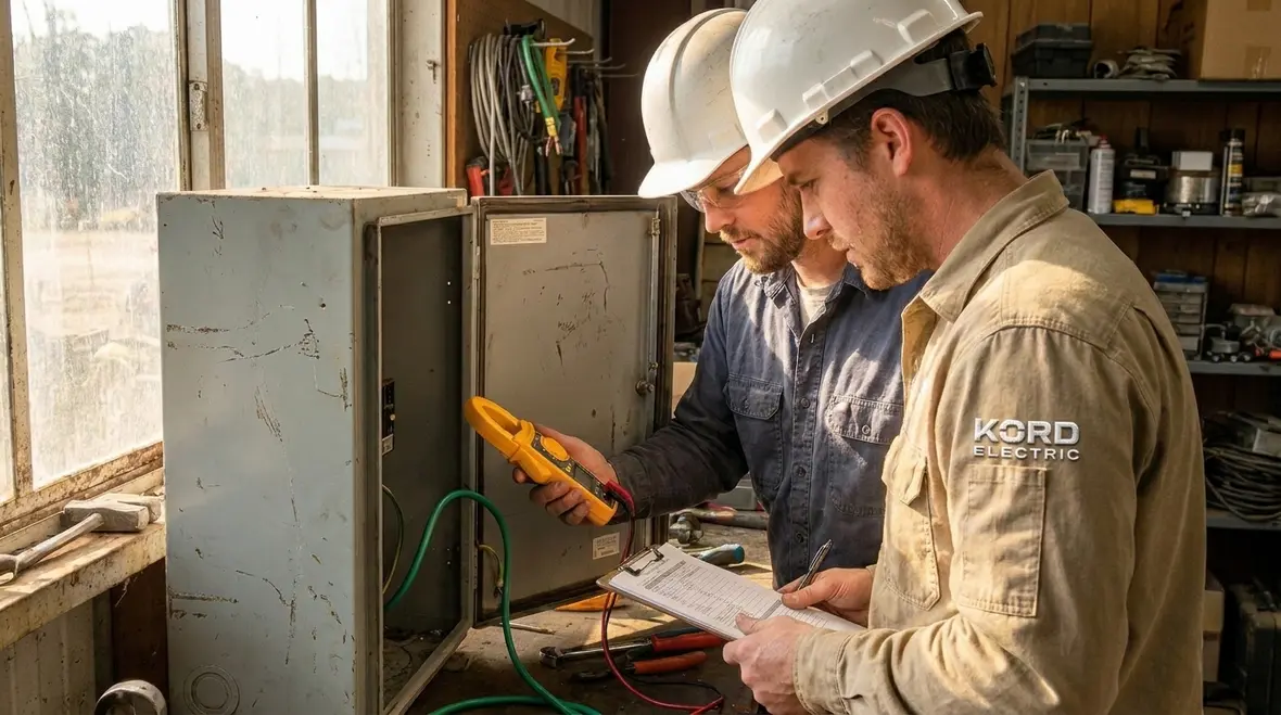 Technician torque-checking EGC terminations for multiple circuits in a commercial enclosure