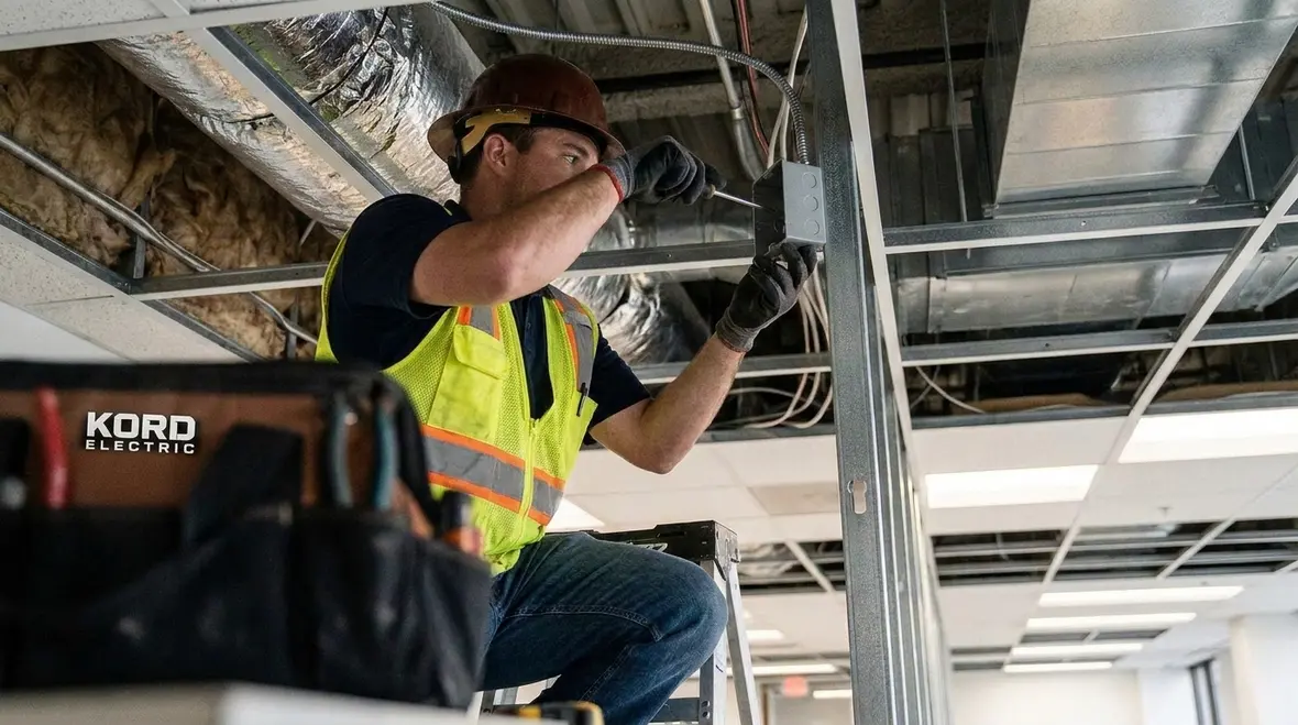 Commercial electrician reviewing NEC nonmetallic box construction requirements on site
