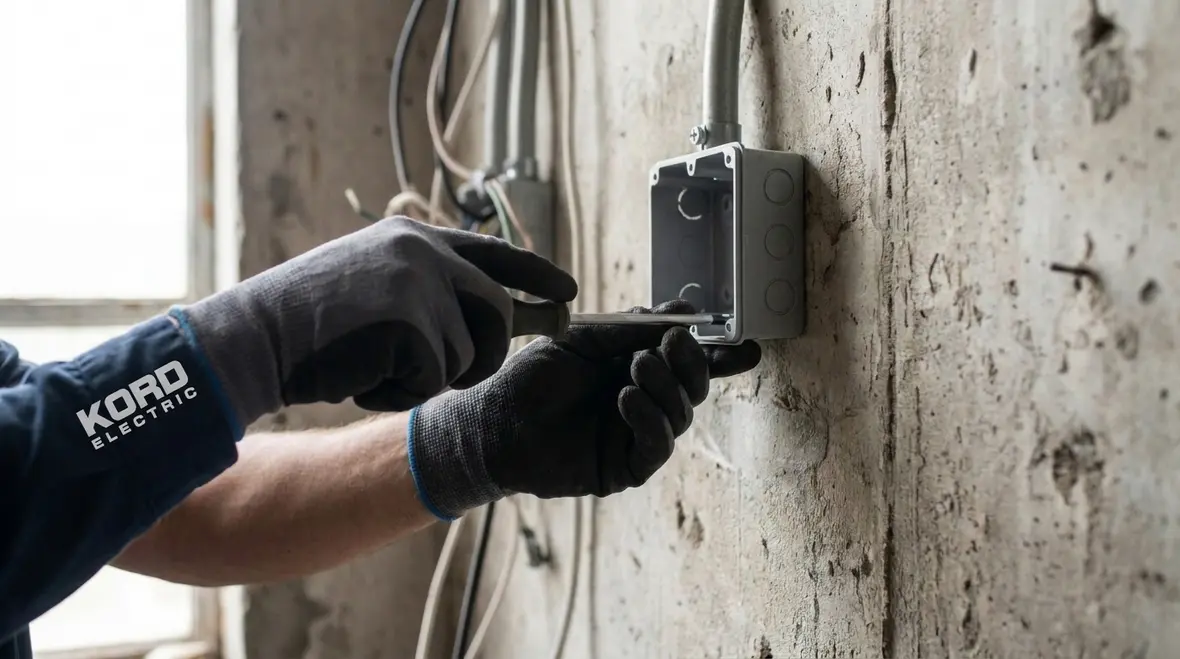 Technician reviewing NEC nonmetallic boxes in a commercial electrical room