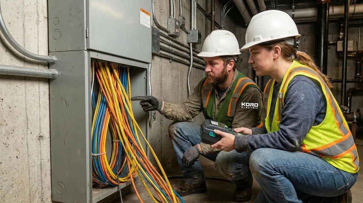 Electrical inspector reviewing NEC nonmetallic sheathed cable installations in a commercial building