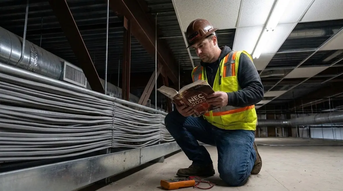 Technician reviewing NEC nonmetallic sheathed cable scope in a commercial electrical room
