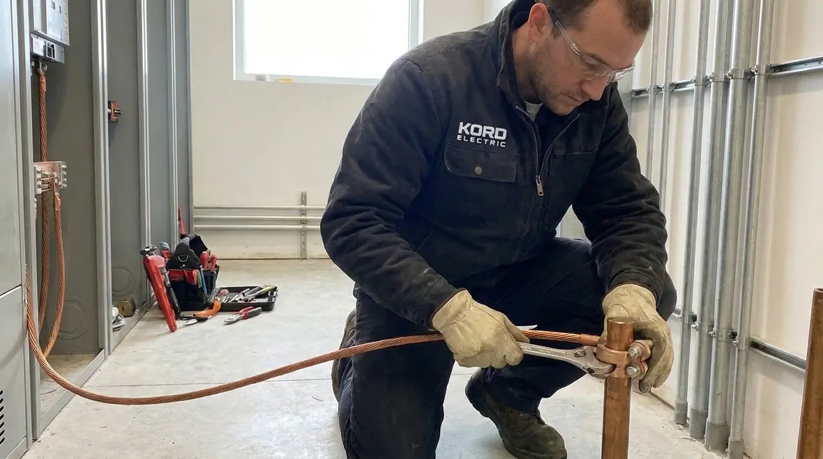 Technician checking NEC grounding bonding connections in a commercial electrical room