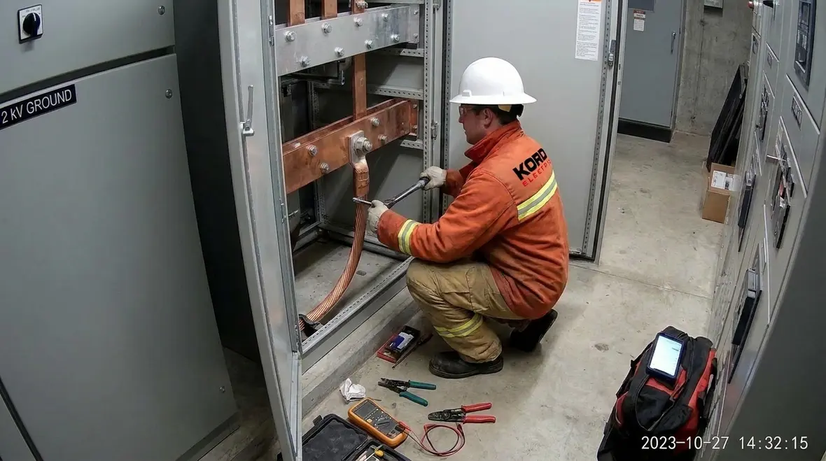 Technician inspecting NEC grounding connections 2 kV equipment bonding